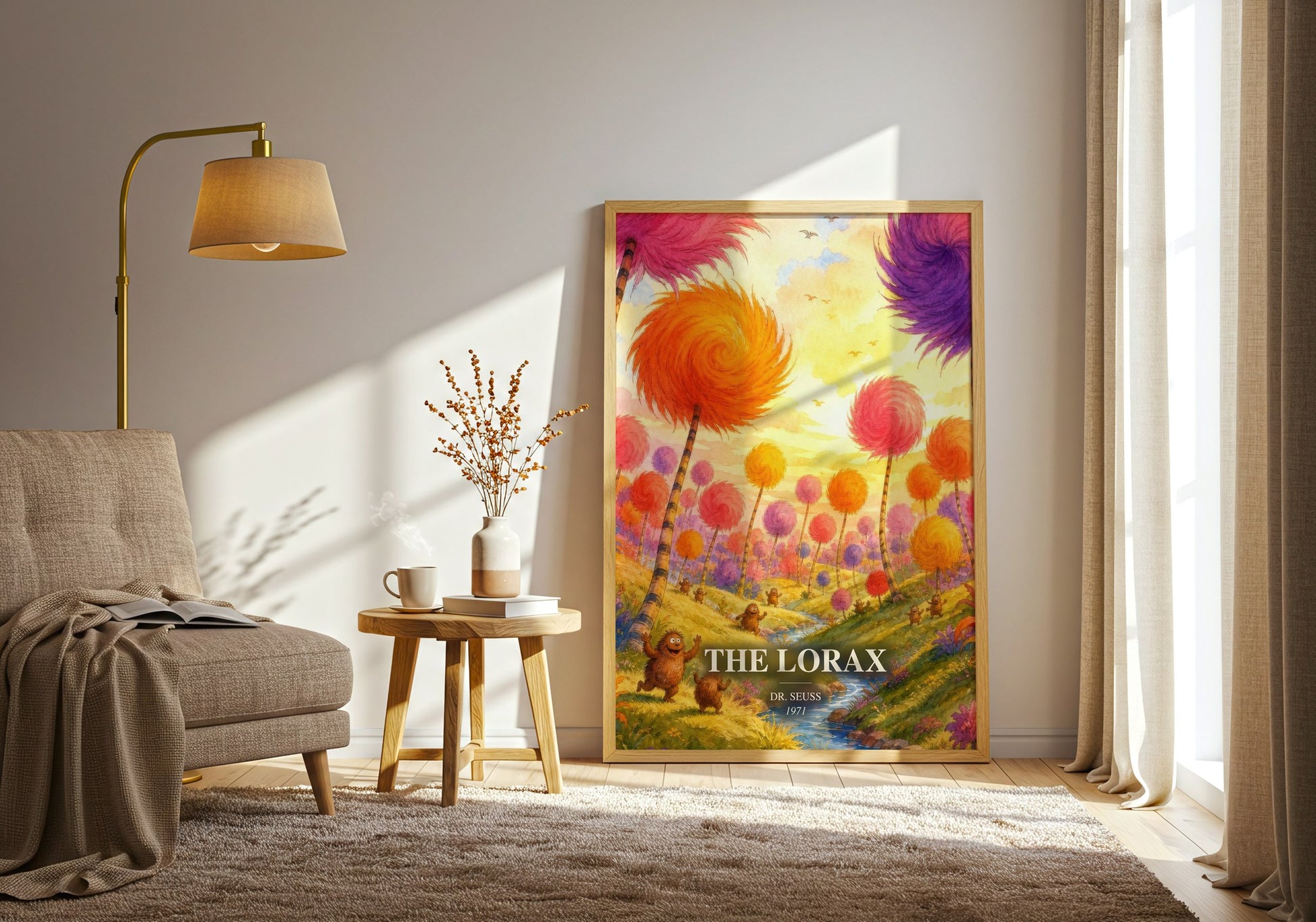 The Lorax watercolour print in frame leaning in hallway – childrens wall art