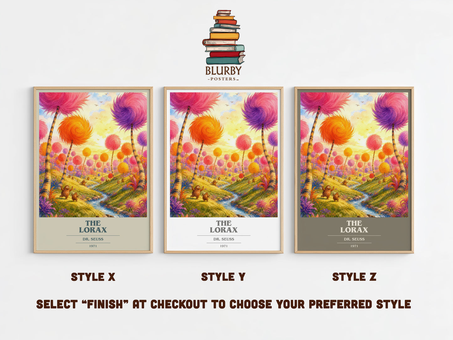 The Lorax book cover print in frame leaning in hallway – childrens wall art