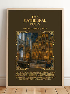 The Cathedral Folk Minimalist Book Poster by Nikolai Leskov – framed print leaning on a wooden floor