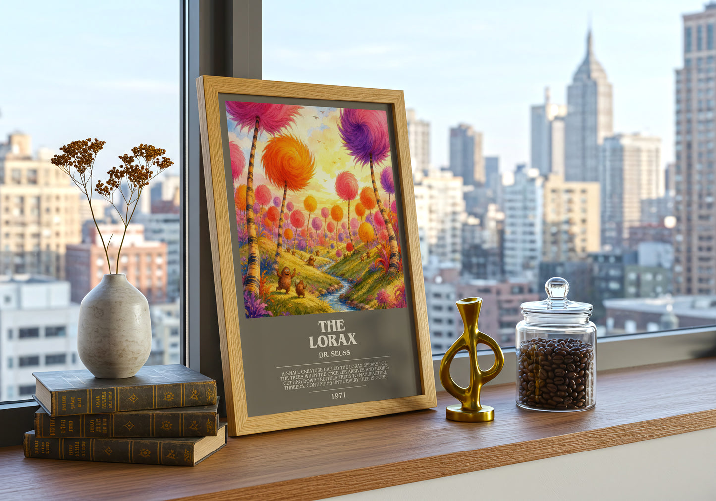 The Lorax bookish print framed by window – literary home decor