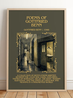 Poems Of Gottfried Benn Minimalist Book Poster by Gottfried Benn – framed print leaning on a wooden floor