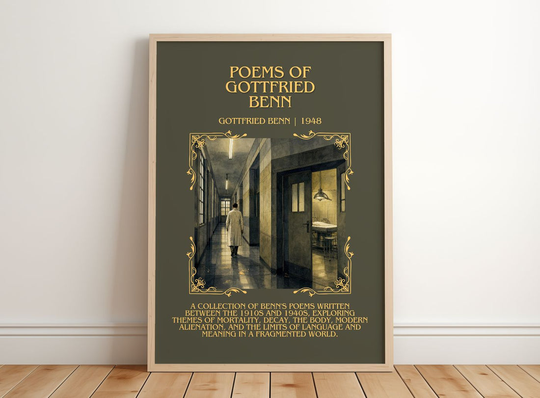 Poems Of Gottfried Benn Minimalist Book Poster by Gottfried Benn – framed print leaning on a wooden floor