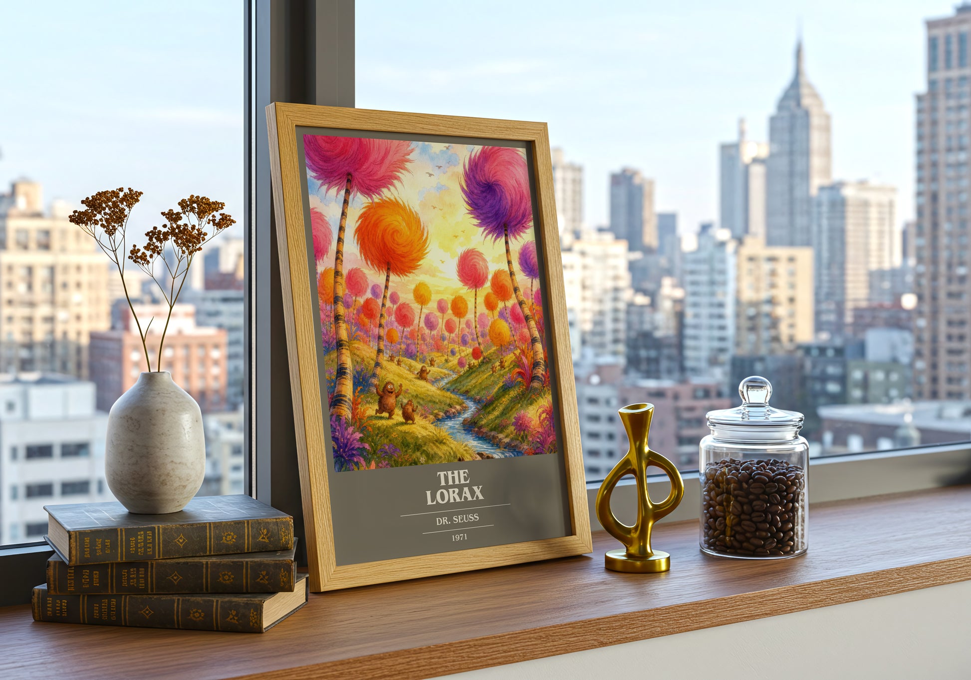 The Lorax book cover print framed by window – literary home decor