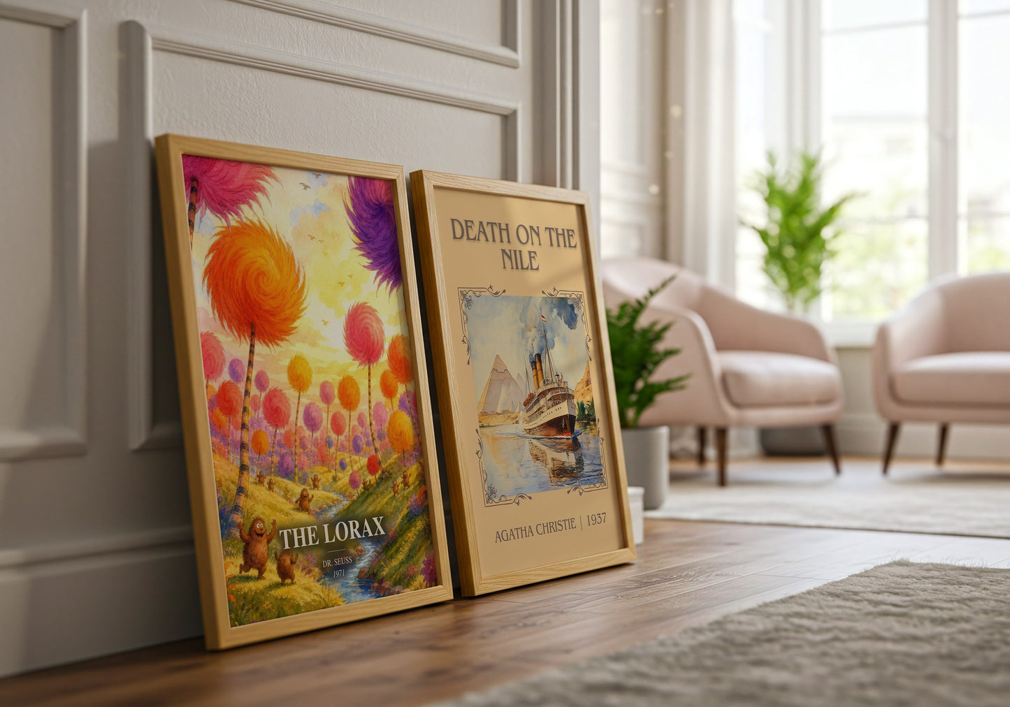 The Lorax watercolour print framed by window – literary home decor
