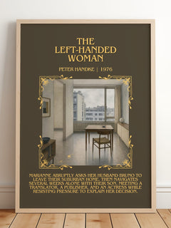 The Left-Handed Woman Minimalist Book Poster by Peter Handke – framed print leaning on a wooden floor
