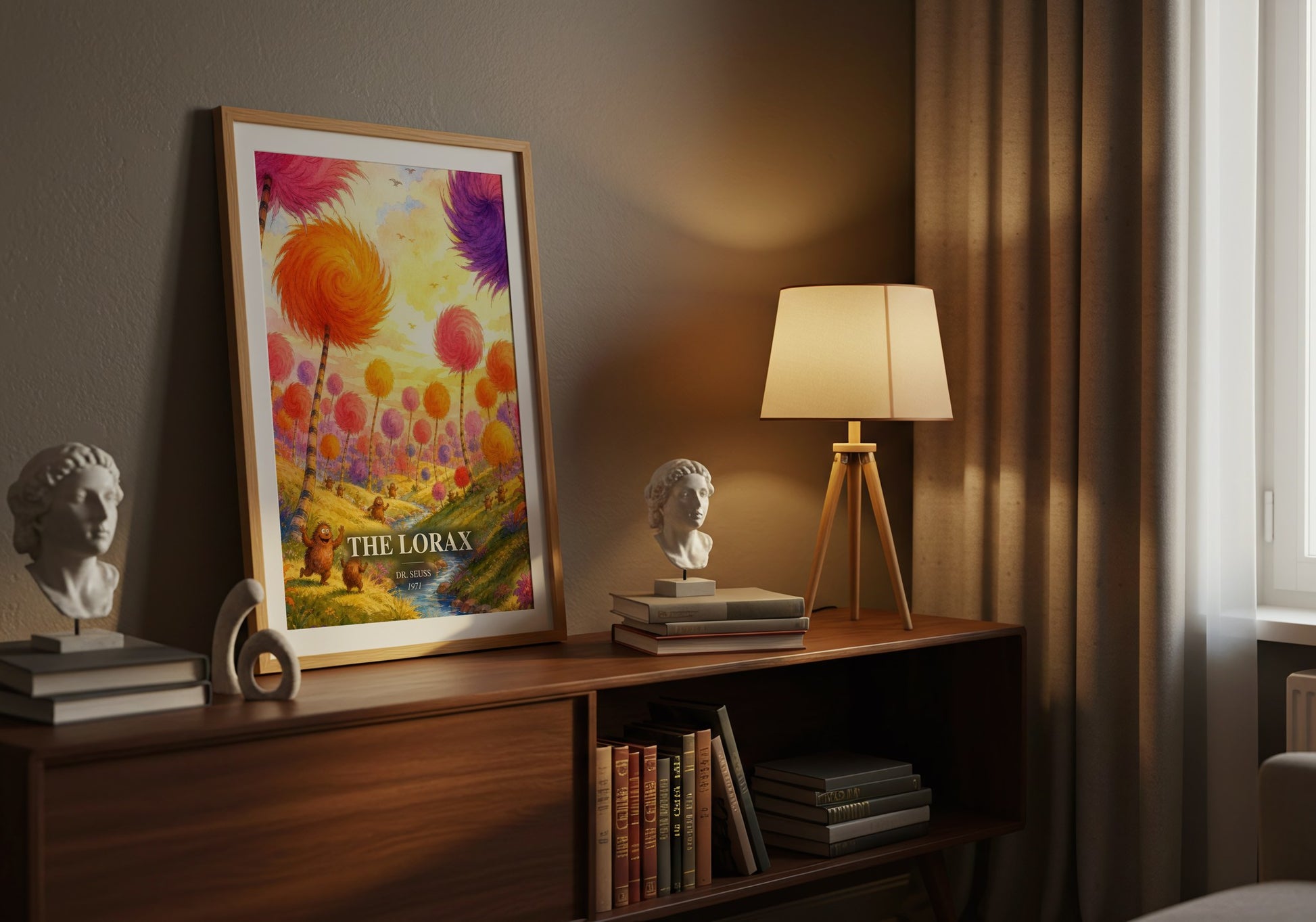 The Lorax watercolour print on bookshelf – Dr. Seuss fan gift