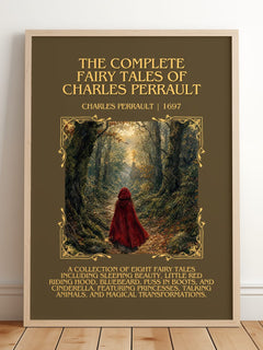 The Complete Fairy Tales of Charles Perrault Minimalist Book Poster by Charles Perrault – framed print leaning on a wooden floor