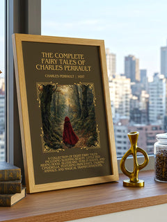 The Complete Fairy Tales of Charles Perrault Minimalist Book Poster by Charles Perrault – framed print on a city-view windowsill