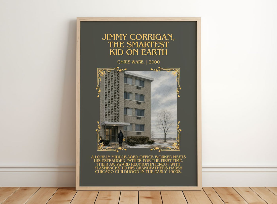 Jimmy Corrigan, the Smartest Kid on Earth Minimalist Book Poster by Chris Ware – framed print leaning on a wooden floor