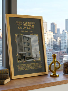 Jimmy Corrigan, the Smartest Kid on Earth Minimalist Book Poster by Chris Ware – framed print on a city-view windowsill