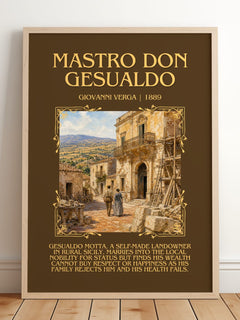 Mastro Don Gesualdo Minimalist Book Poster by Giovanni Verga – framed print leaning on a wooden floor