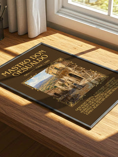 Mastro Don Gesualdo Minimalist Book Poster by Giovanni Verga – print on a sunlit desk