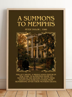 A Summons to Memphis Minimalist Book Poster by Peter Taylor – framed print leaning on a wooden floor