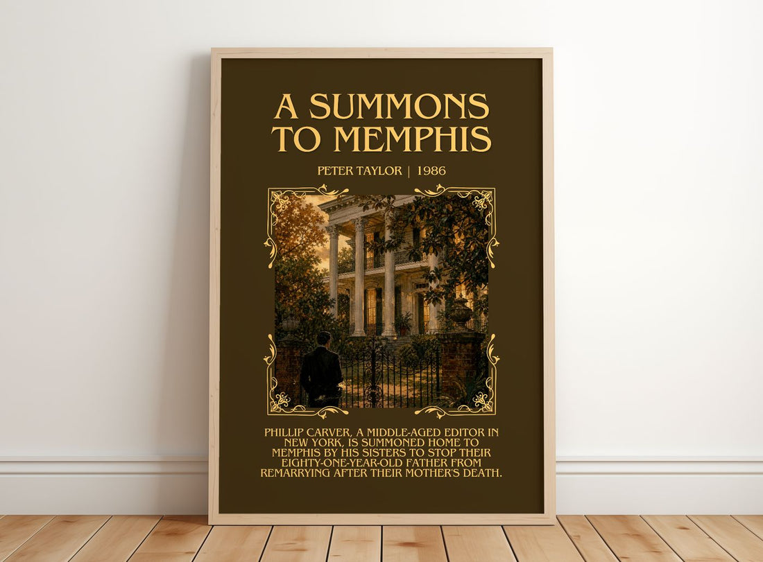 A Summons to Memphis Minimalist Book Poster by Peter Taylor – framed print leaning on a wooden floor