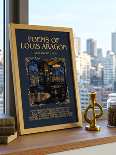 Poems Of Louis Aragon Minimalist Book Poster by Louis Aragon – framed print on a city-view windowsill
