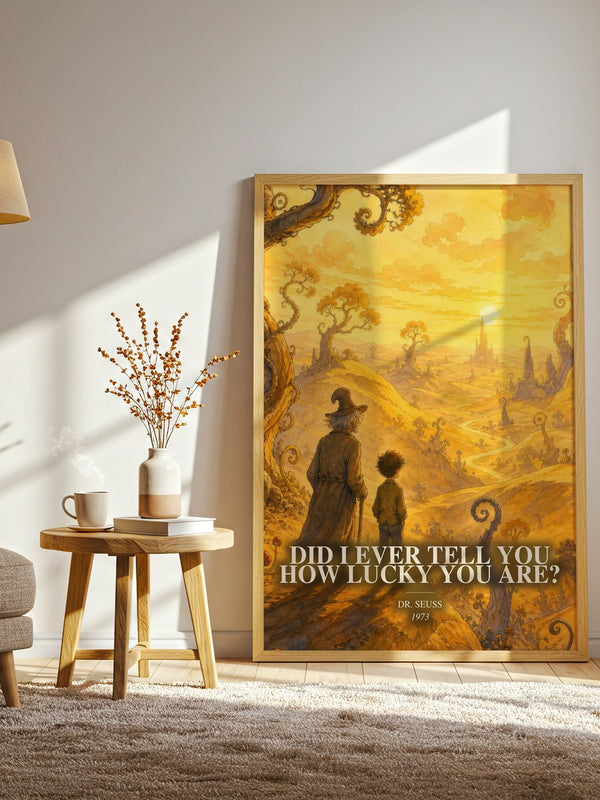 Did I Ever Tell You How Lucky You Are? watercolour print in frame leaning in hallway – childrens wall art