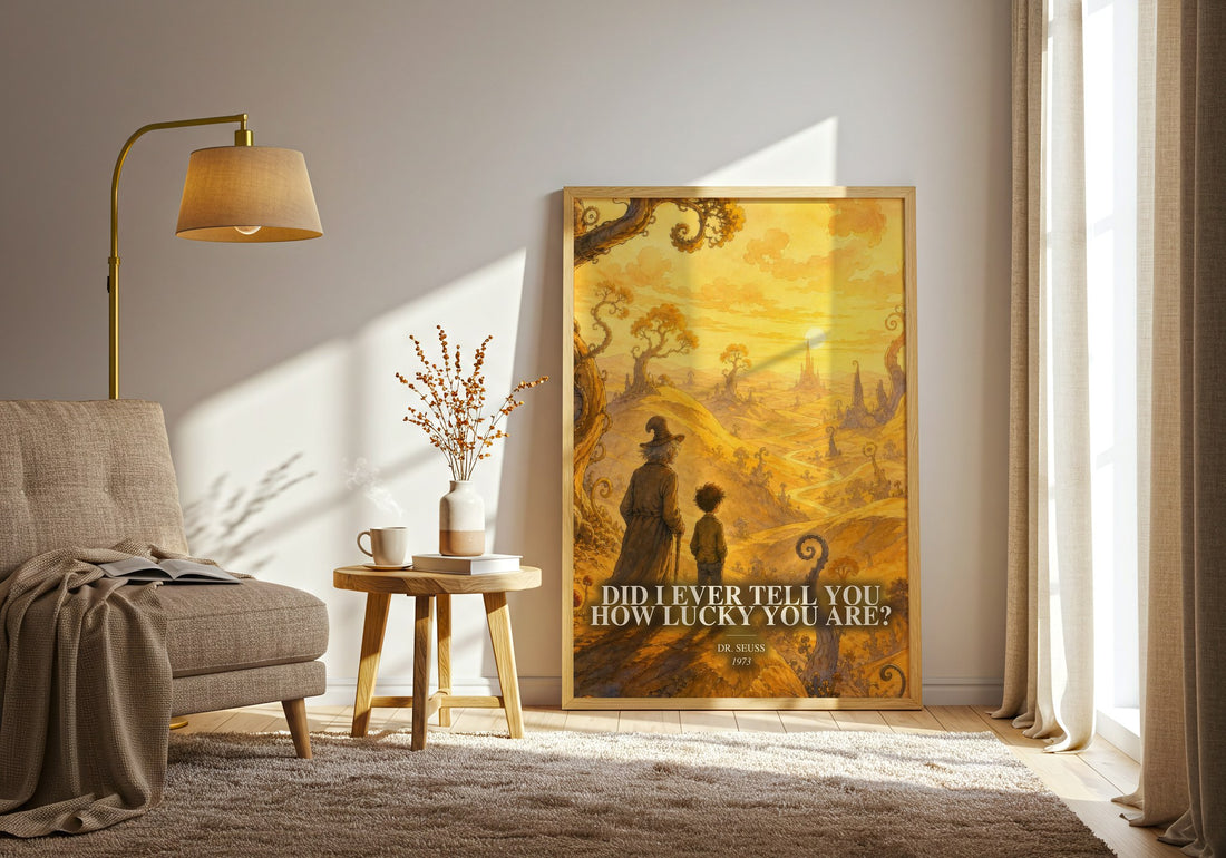 Did I Ever Tell You How Lucky You Are? watercolour print in frame leaning in hallway – childrens wall art (mockup)