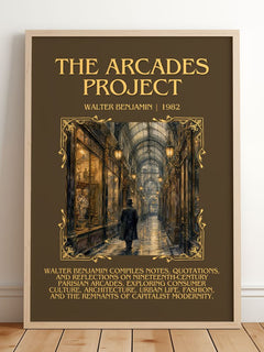 The Arcades Project Minimalist Book Poster by Walter Benjamin – framed print leaning on a wooden floor