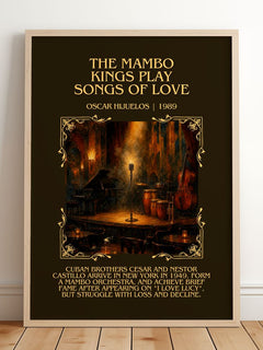 Mambo Kings Play Songs of Love Minimalist Book Poster by O. Hijuelos – framed print leaning on a wooden floor