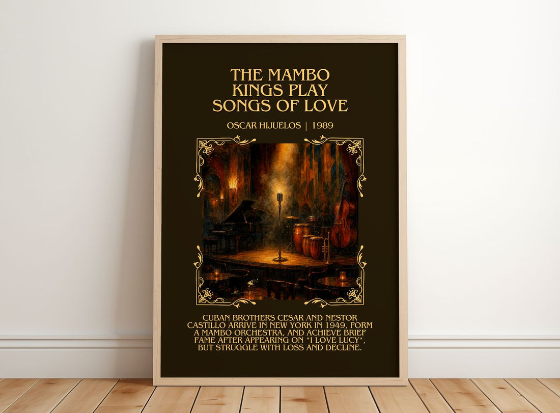 Mambo Kings Play Songs of Love Minimalist Book Poster by O. Hijuelos – framed print leaning on a wooden floor