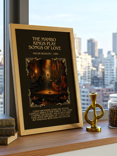 Mambo Kings Play Songs of Love Minimalist Book Poster by O. Hijuelos – framed print on a city-view windowsill
