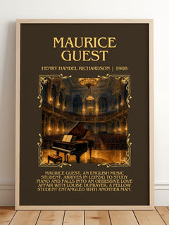 Maurice Guest Minimalist Book Poster by Henry Handel Richardson – framed print leaning on a wooden floor