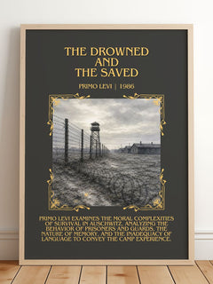 The Drowned and the Saved Minimalist Book Poster by Primo Levi – framed print leaning on a wooden floor