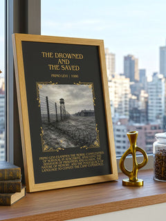 The Drowned and the Saved Minimalist Book Poster by Primo Levi – framed print on a city-view windowsill