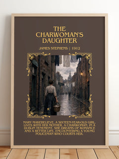 The Charwoman's Daughter Minimalist Book Poster by James Stephens – framed print leaning on a wooden floor