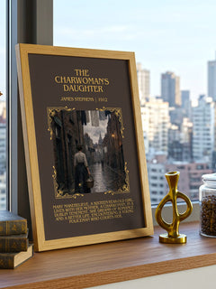 The Charwoman's Daughter Minimalist Book Poster by James Stephens – framed print on a city-view windowsill