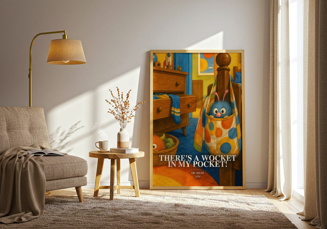 There'S A Wocket In My Pocket! watercolour print in frame leaning in hallway – childrens wall art (mockup)