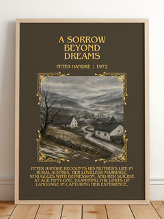 A Sorrow Beyond Dreams Minimalist Book Poster by Peter Handke – framed print leaning on a wooden floor