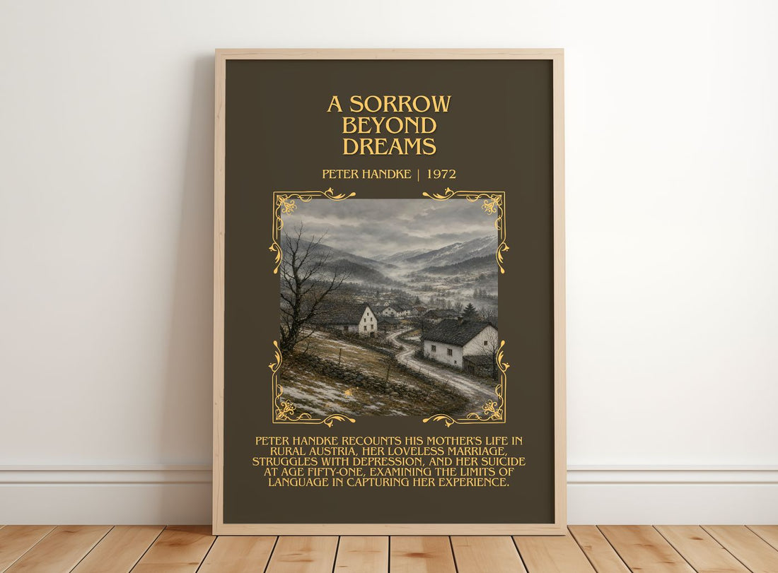 A Sorrow Beyond Dreams Minimalist Book Poster by Peter Handke – framed print leaning on a wooden floor