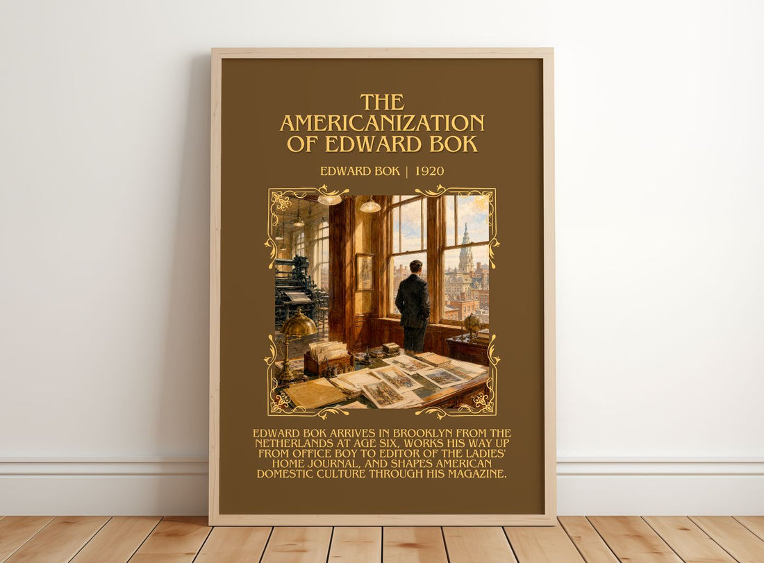 The Americanization of Edward Bok Minimalist Book Poster by Edward Bok – framed print leaning on a wooden floor