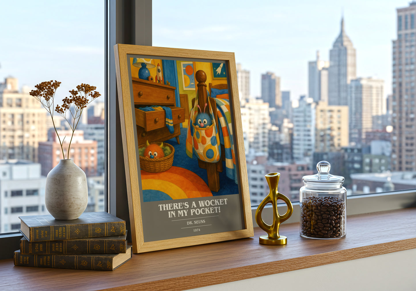 There'S A Wocket In My Pocket! book cover print framed by window – literary home decor