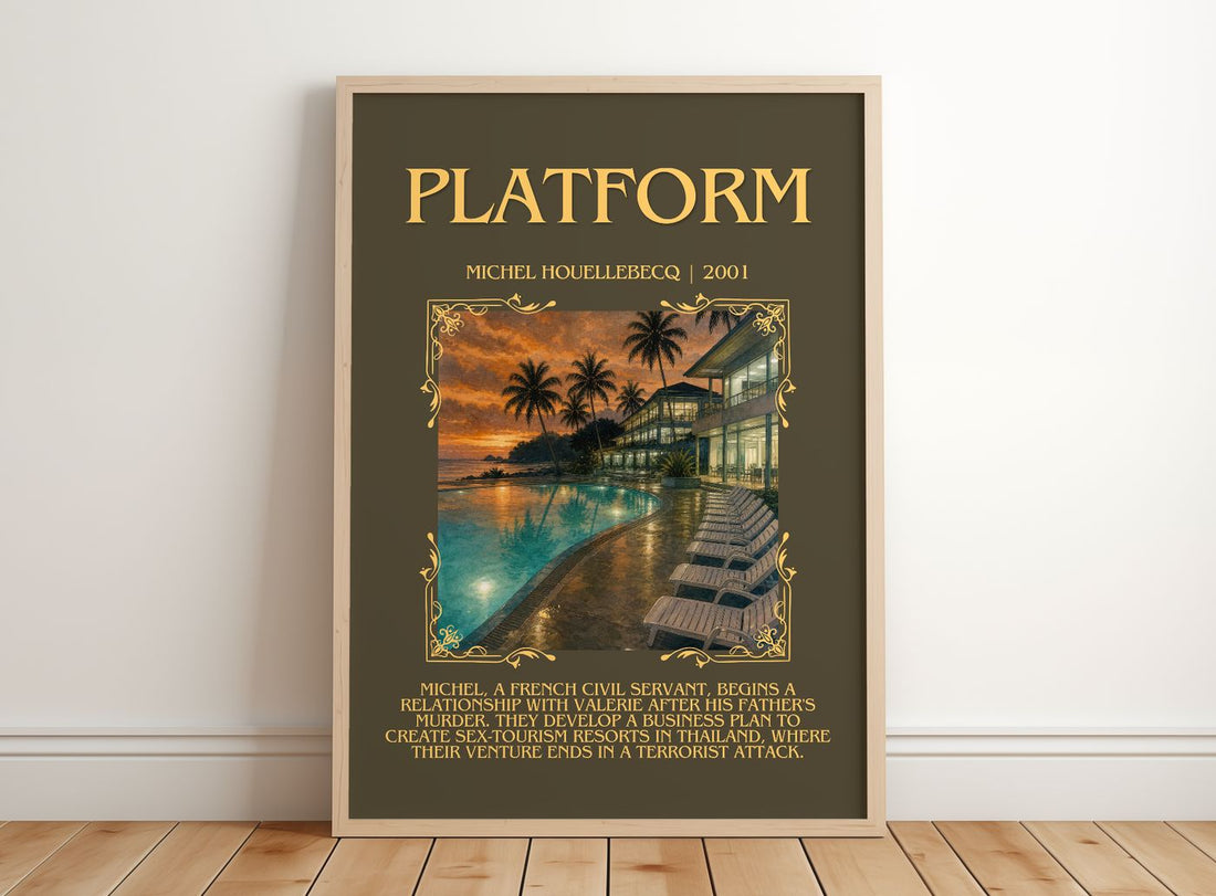 Platform Minimalist Book Poster by Michel Houellebecq – framed print leaning on a wooden floor