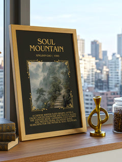 Soul Mountain Minimalist Book Poster by Xingjian Gao – framed print on a city-view windowsill