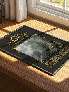 Soul Mountain Minimalist Book Poster by Xingjian Gao – print on a sunlit desk
