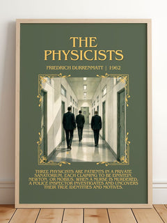 The Physicists Minimalist Book Poster by Friedrich Dürrenmatt – framed print leaning on a wooden floor