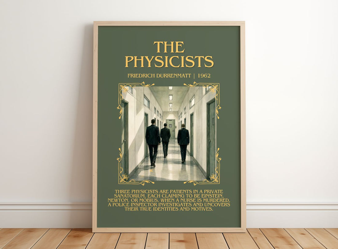 The Physicists Minimalist Book Poster by Friedrich Dürrenmatt – framed print leaning on a wooden floor