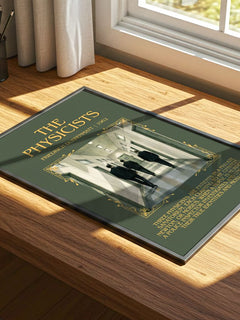 The Physicists Minimalist Book Poster by Friedrich Dürrenmatt – print on a sunlit desk
