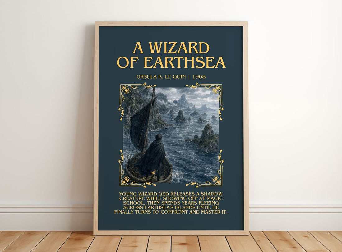 A Wizard Of Earthsea Minimalist Book Poster by Ursula K. Le Guin – framed print leaning on a wooden floor