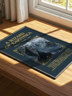 A Wizard Of Earthsea Minimalist Book Poster by Ursula K. Le Guin – print on a sunlit desk