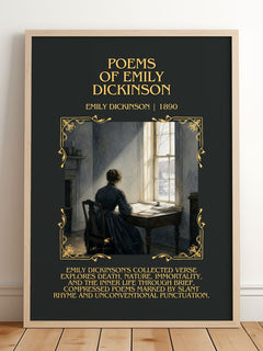 Poems of Emily Dickinson Minimalist Book Poster by Emily Dickinson – framed print leaning on a wooden floor