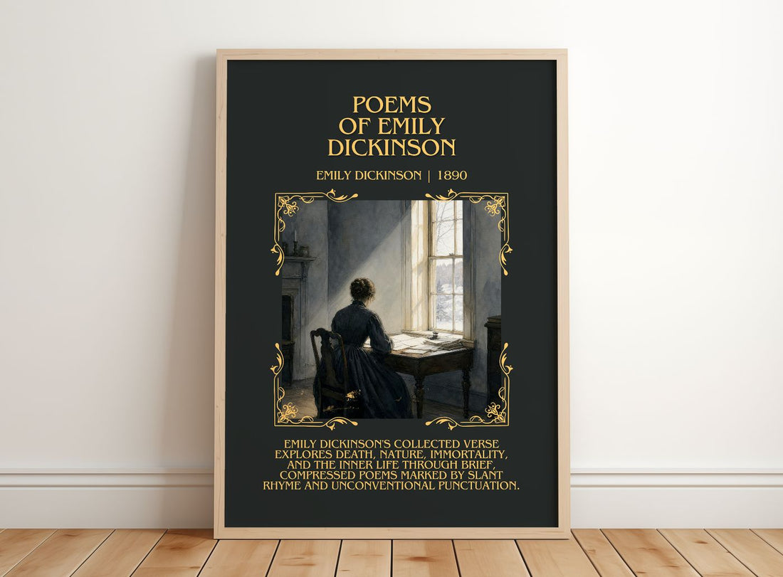 Poems of Emily Dickinson Minimalist Book Poster by Emily Dickinson – framed print leaning on a wooden floor