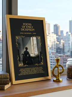 Poems of Emily Dickinson Minimalist Book Poster by Emily Dickinson – framed print on a city-view windowsill
