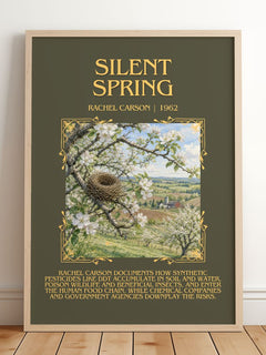 Silent Spring Minimalist Book Poster by Rachel Carson – framed print leaning on a wooden floor