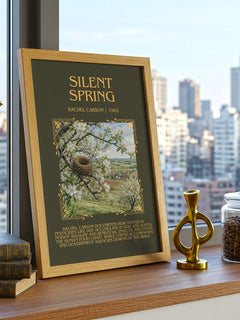 Silent Spring Minimalist Book Poster by Rachel Carson – framed print on a city-view windowsill
