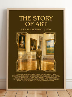 The Story of Art Minimalist Book Poster by Ernest H. Gombrich – framed print leaning on a wooden floor