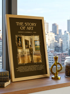 The Story of Art Minimalist Book Poster by Ernest H. Gombrich – framed print on a city-view windowsill